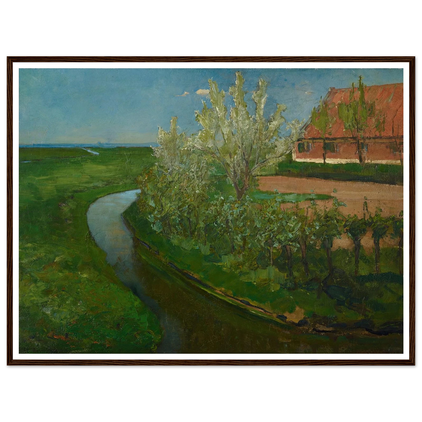 Gebogen irrigatiegracht grenzend aan boerenerf met Bloeiende bomen (Curved Irrigation Ditch Bordering Farmyard with Flowering Trees) (1902) Art Print | Piet Mondrian - Framed Poster - 30x40 cm / 12x16″ - Black frame