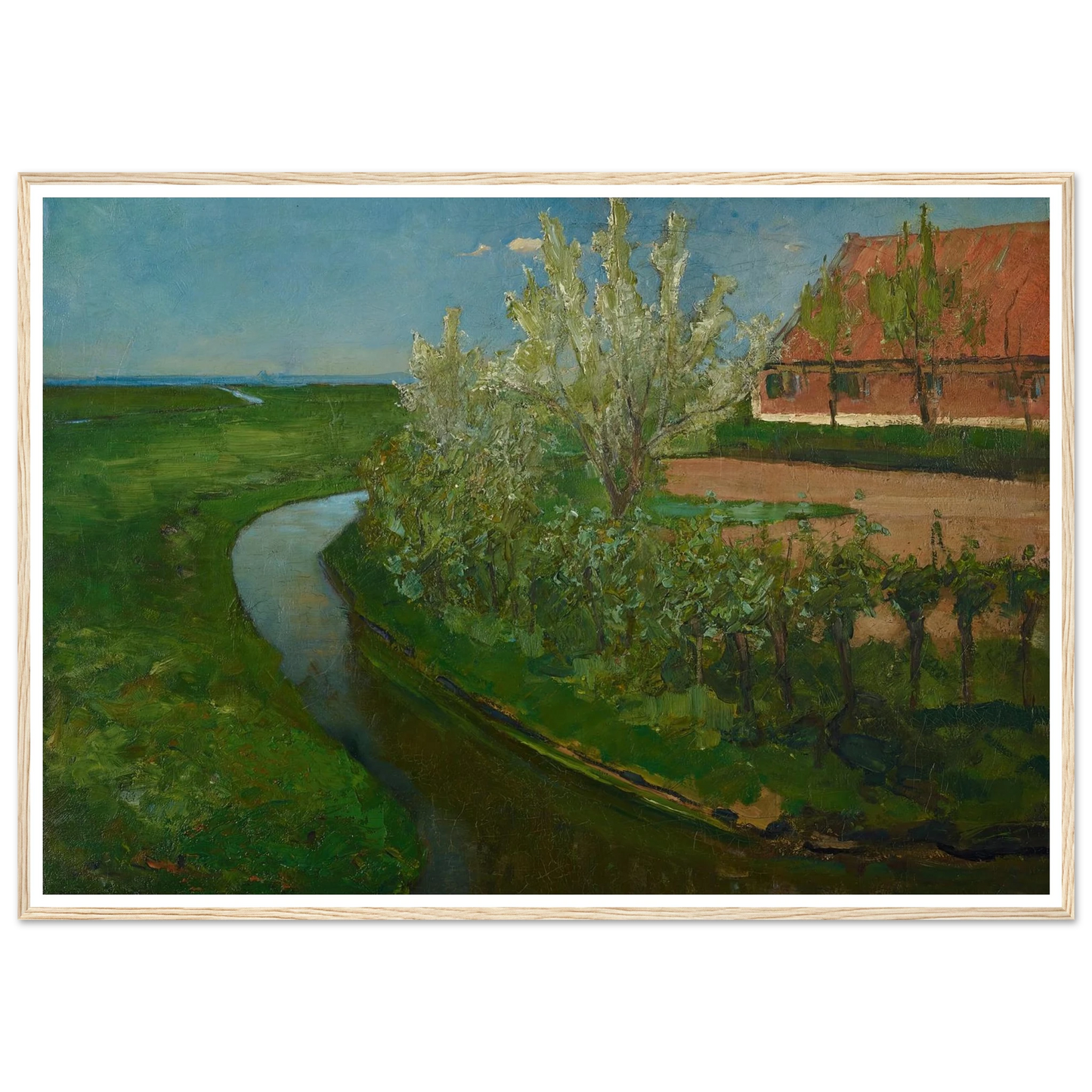 Gebogen irrigatiegracht grenzend aan boerenerf met Bloeiende bomen (Curved Irrigation Ditch Bordering Farmyard with Flowering Trees) (1902) Art Print | Piet Mondrian - Framed Poster - 30x40 cm / 12x16″ - Black frame