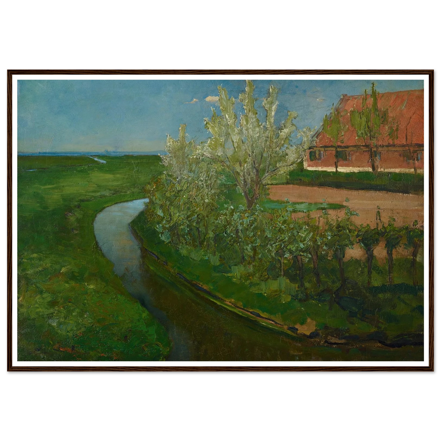 Gebogen irrigatiegracht grenzend aan boerenerf met Bloeiende bomen (Curved Irrigation Ditch Bordering Farmyard with Flowering Trees) (1902) Art Print | Piet Mondrian - Framed Poster - 30x40 cm / 12x16″ - Black frame