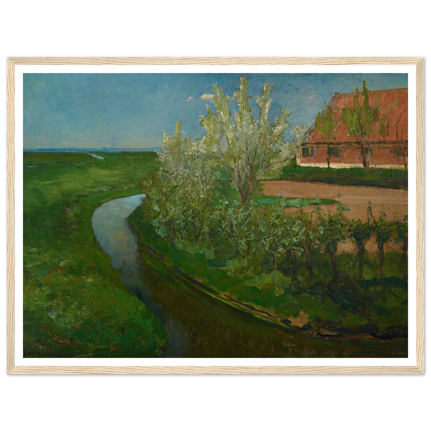 Gebogen irrigatiegracht grenzend aan boerenerf met Bloeiende bomen (Curved Irrigation Ditch Bordering Farmyard with Flowering Trees) (1902) Art Print | Piet Mondrian - Framed Poster - 30x40 cm / 12x16″ - Black frame