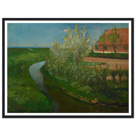 Gebogen irrigatiegracht grenzend aan boerenerf met Bloeiende bomen (Curved Irrigation Ditch Bordering Farmyard with Flowering Trees) (1902) Art Print | Piet Mondrian - Framed Poster - 30x40 cm / 12x16″ - Black frame