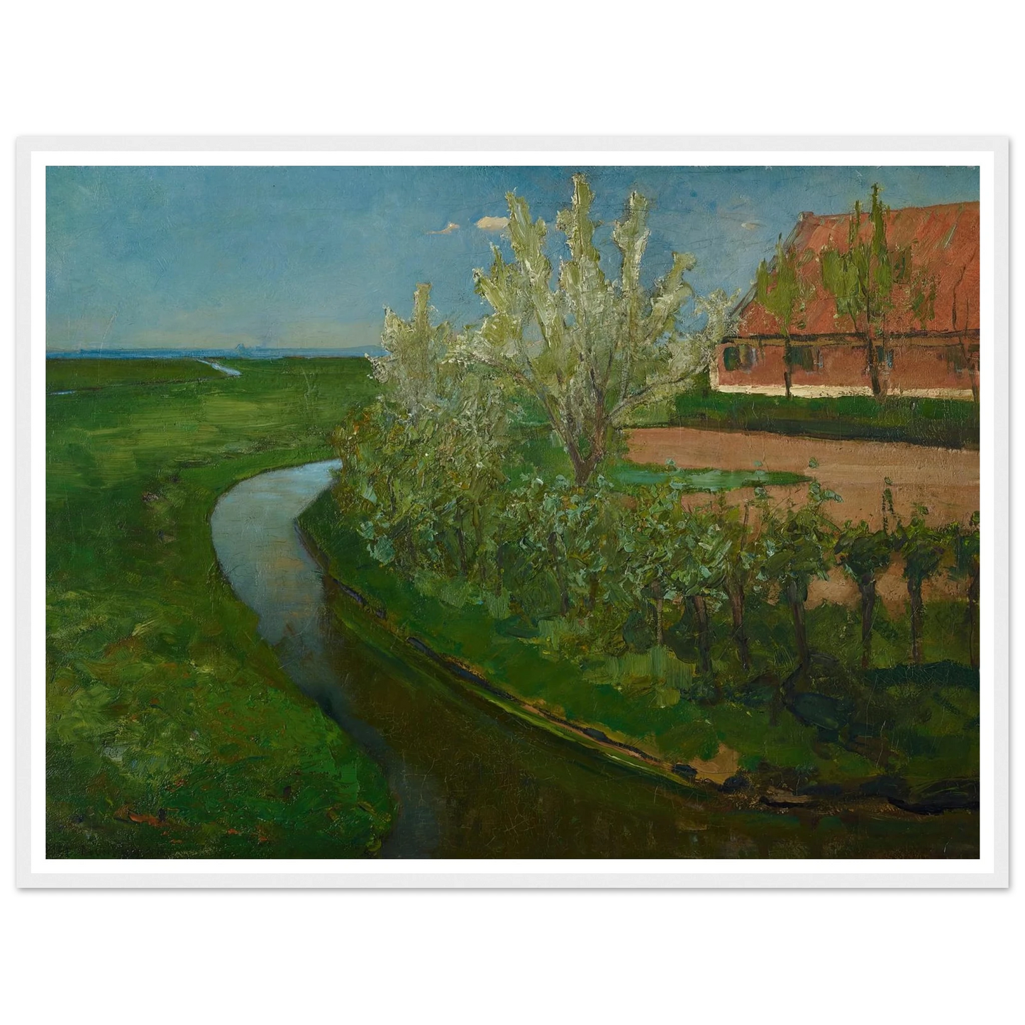 Gebogen irrigatiegracht grenzend aan boerenerf met Bloeiende bomen (Curved Irrigation Ditch Bordering Farmyard with Flowering Trees) (1902) Art Print | Piet Mondrian - Framed Poster - 30x40 cm / 12x16″ - Black frame