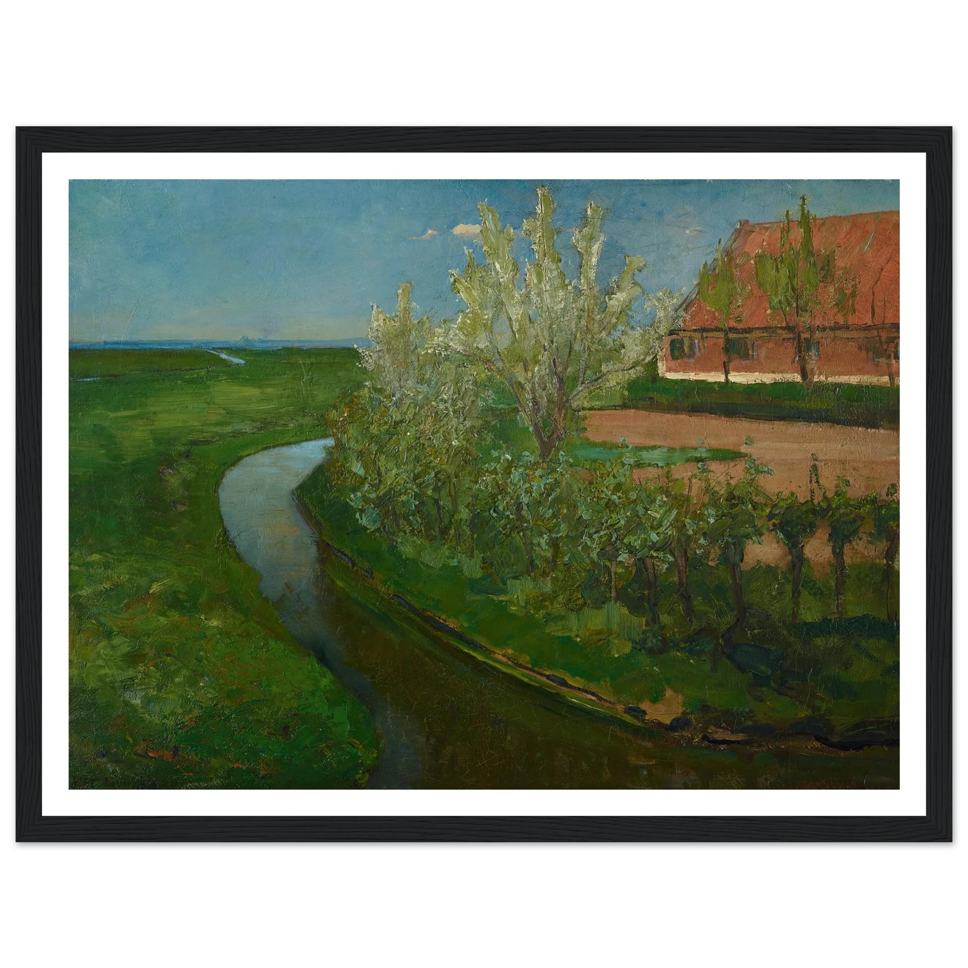 Gebogen irrigatiegracht grenzend aan boerenerf met Bloeiende bomen (Curved Irrigation Ditch Bordering Farmyard with Flowering Trees) (1902) Art Print | Piet Mondrian - Framed Poster - 30x40 cm / 12x16″ - Black frame