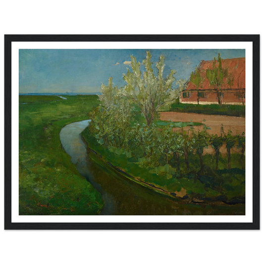 Gebogen irrigatiegracht grenzend aan boerenerf met Bloeiende bomen (Curved Irrigation Ditch Bordering Farmyard with Flowering Trees) (1902) Art Print | Piet Mondrian - Framed Poster - 30x40 cm / 12x16″ - Black frame