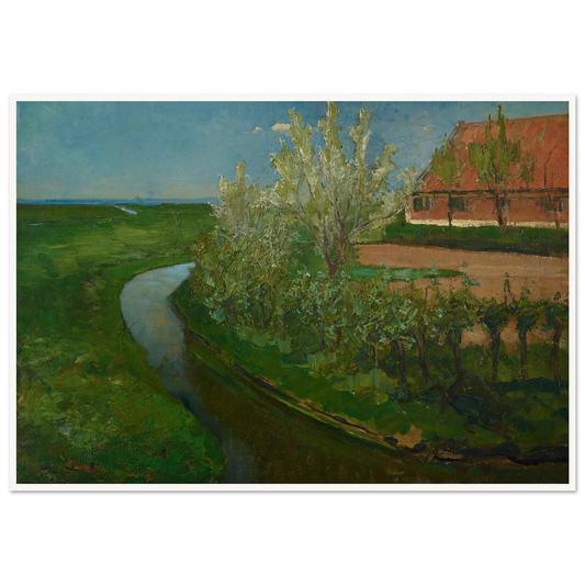 Gebogen irrigatiegracht grenzend aan boerenerf met Bloeiende bomen (Curved Irrigation Ditch Bordering Farmyard with Flowering Trees) (1902) Art Print | Piet Mondrian - Framed Poster - 30x40 cm / 12x16″ - Black frame