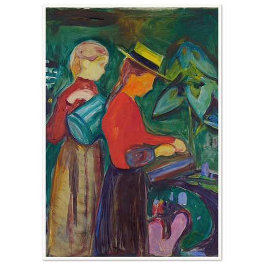 Girls watering Flowers (The Linde Frieze) (1904) Art Print | Edvard Munch - Framed Poster - 30x40 cm / 12x16″ - Black frame