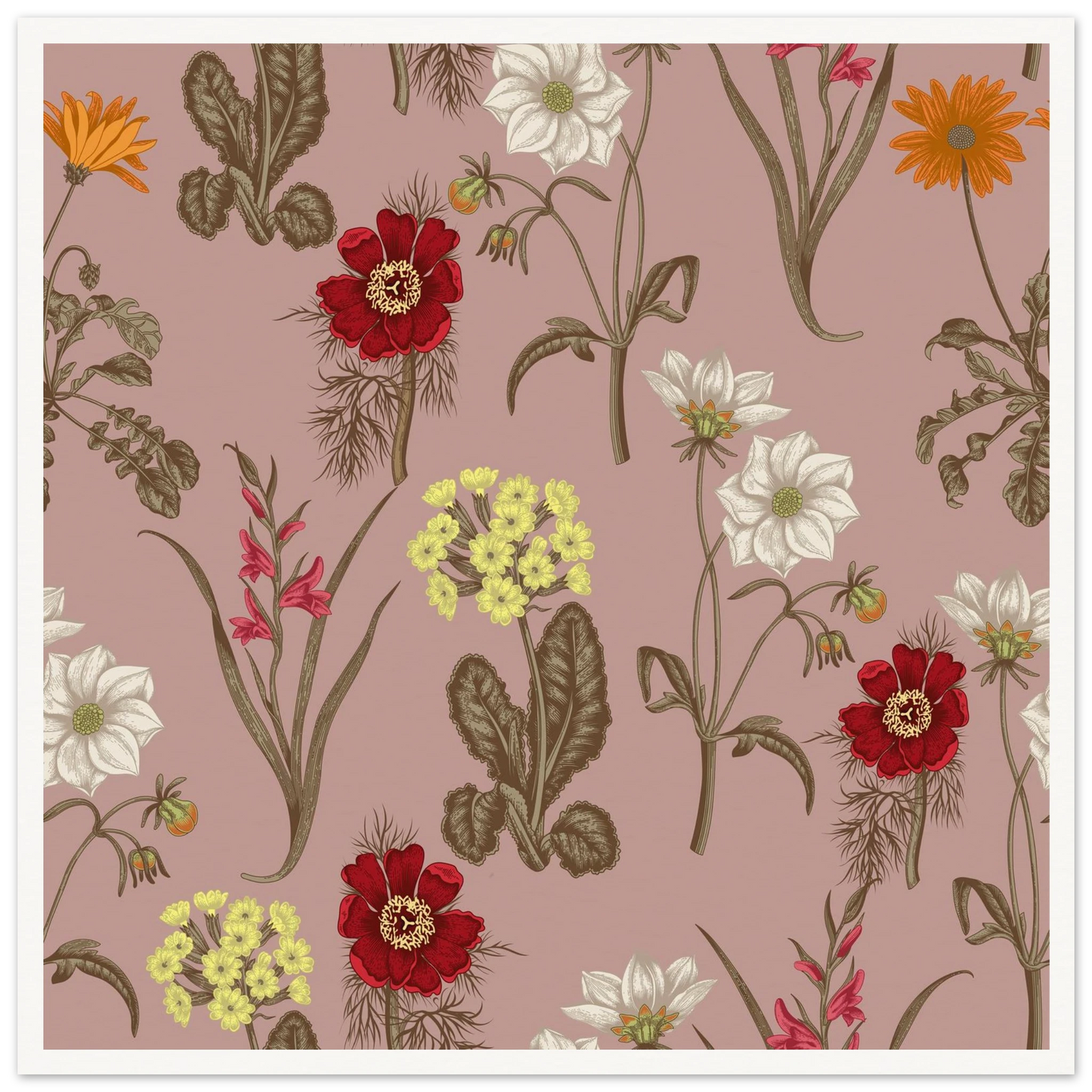 Gladiolus Bloom Patch Art Print | William Morris Inspired - Framed Poster - 30x30 cm / 12x12″ - Black frame