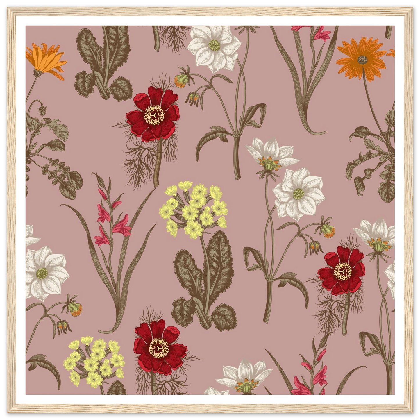 Gladiolus Bloom Patch Art Print | William Morris Inspired - Framed Poster - 30x30 cm / 12x12″ - Black frame