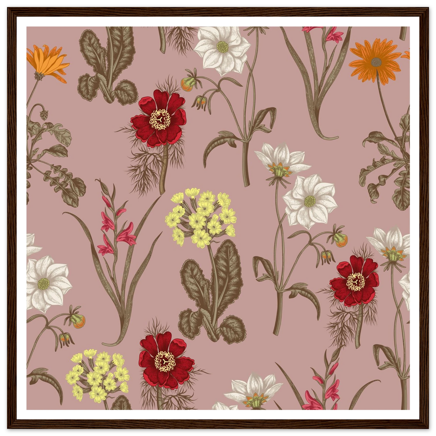 Gladiolus Bloom Patch Art Print | William Morris Inspired - Framed Poster - 30x30 cm / 12x12″ - Black frame