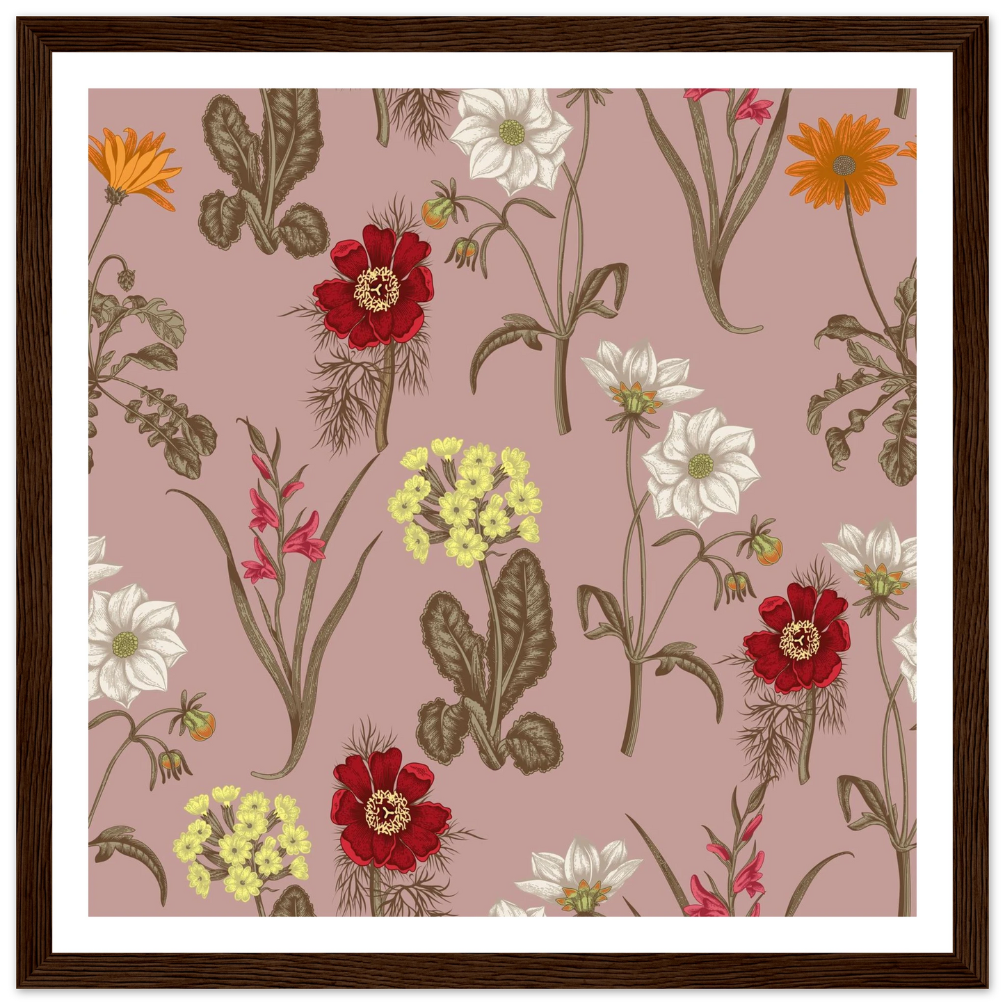 Gladiolus Bloom Patch Art Print | William Morris Inspired - Framed Poster - 30x30 cm / 12x12″ - Black frame