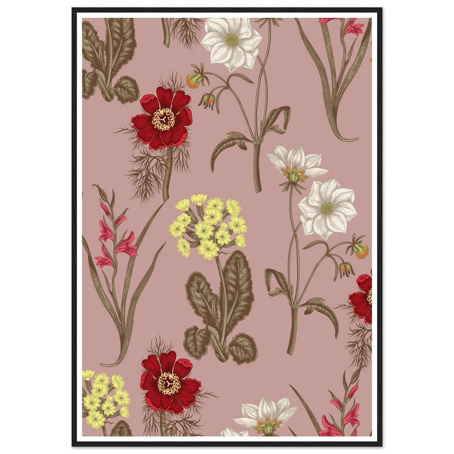 Gladiolus Bloom Patch Art Print | William Morris Inspired - Framed Poster - 30x30 cm / 12x12″ - Black frame