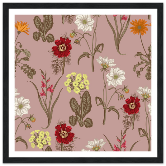 Gladiolus Bloom Patch Art Print | William Morris Inspired - Framed Poster - 30x30 cm / 12x12″ - Black frame