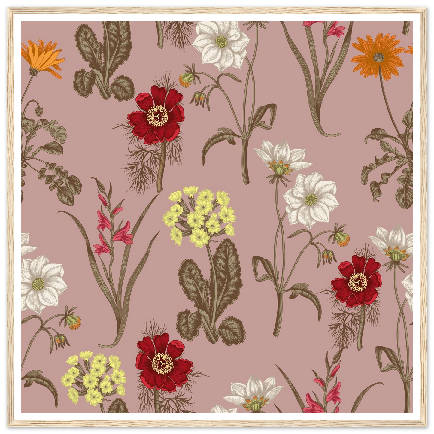 Gladiolus Bloom Patch Art Print | William Morris Inspired - Framed Poster - 30x30 cm / 12x12″ - Black frame