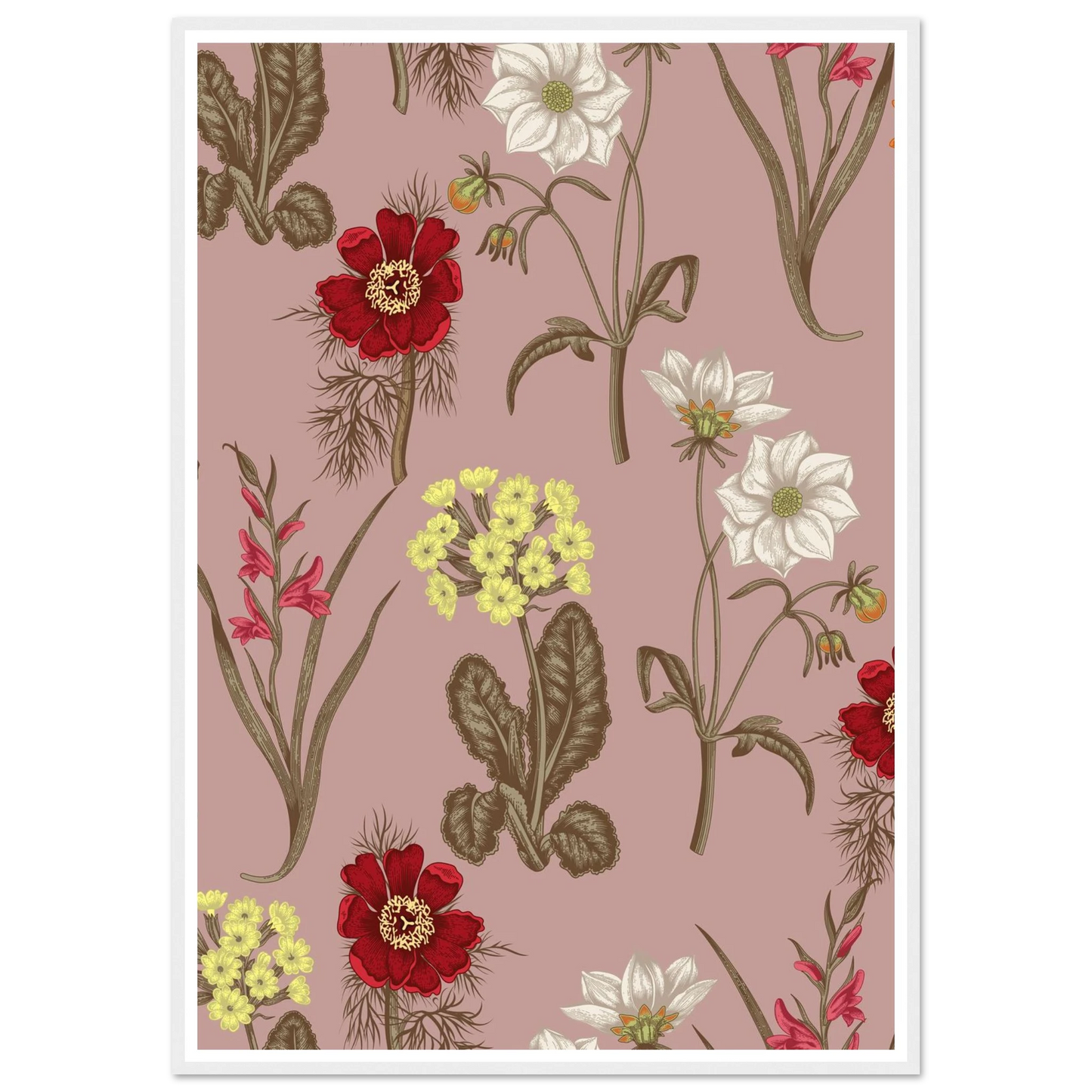 Gladiolus Bloom Patch Art Print | William Morris Inspired - Framed Poster - 30x30 cm / 12x12″ - Black frame