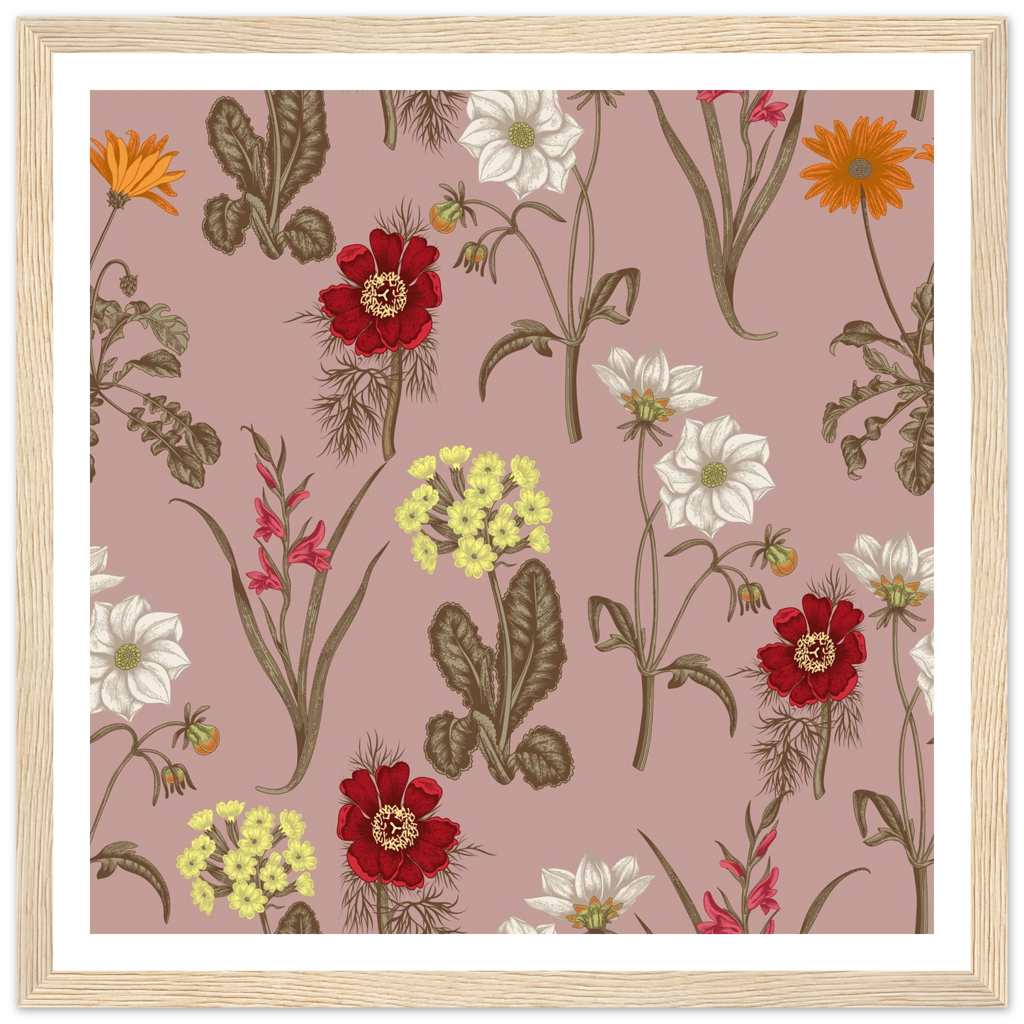 Gladiolus Bloom Patch Art Print | William Morris Inspired - Framed Poster - 30x30 cm / 12x12″ - Black frame