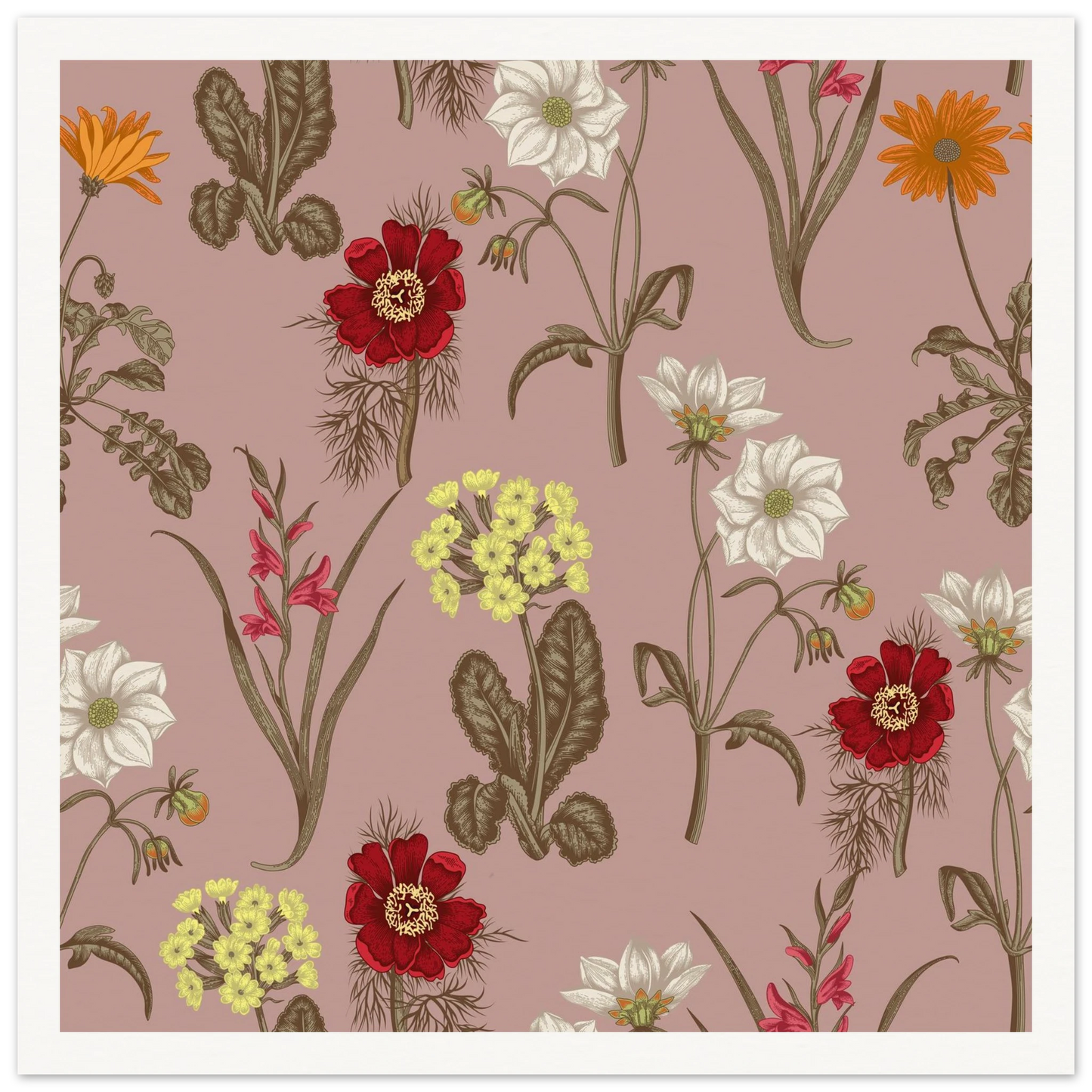 Gladiolus Bloom Patch Art Print | William Morris Inspired - Framed Poster - 30x30 cm / 12x12″ - Black frame