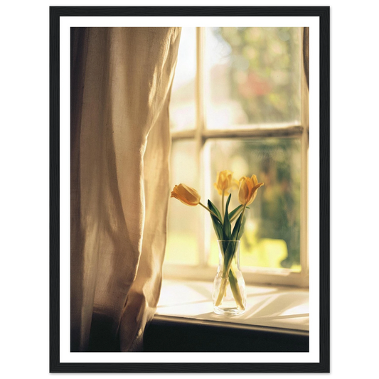 Golden Tulips on The Sill - Framed Poster - 30x40 cm / 12x16″ - Black frame