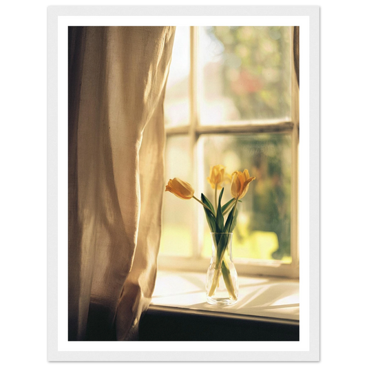 Golden Tulips on The Sill - Framed Poster - 30x40 cm / 12x16″ - Black frame