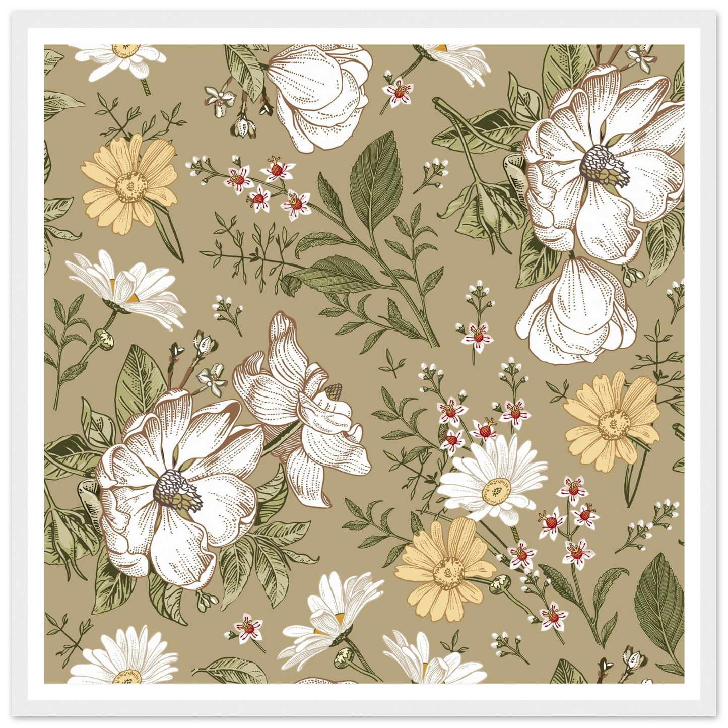 Green Sketch Meadow Art Print | William Morris Inspired - Framed Poster - 30x30 cm / 12x12″ - Black frame