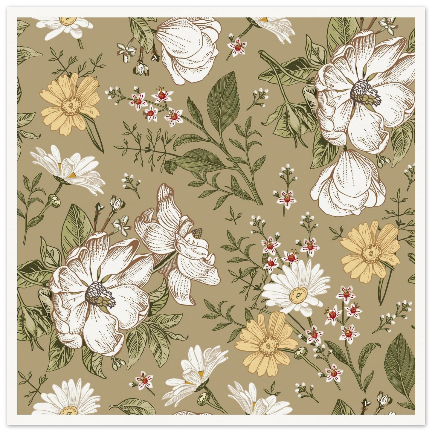 Green Sketch Meadow Art Print | William Morris Inspired - Framed Poster - 30x30 cm / 12x12″ - Black frame