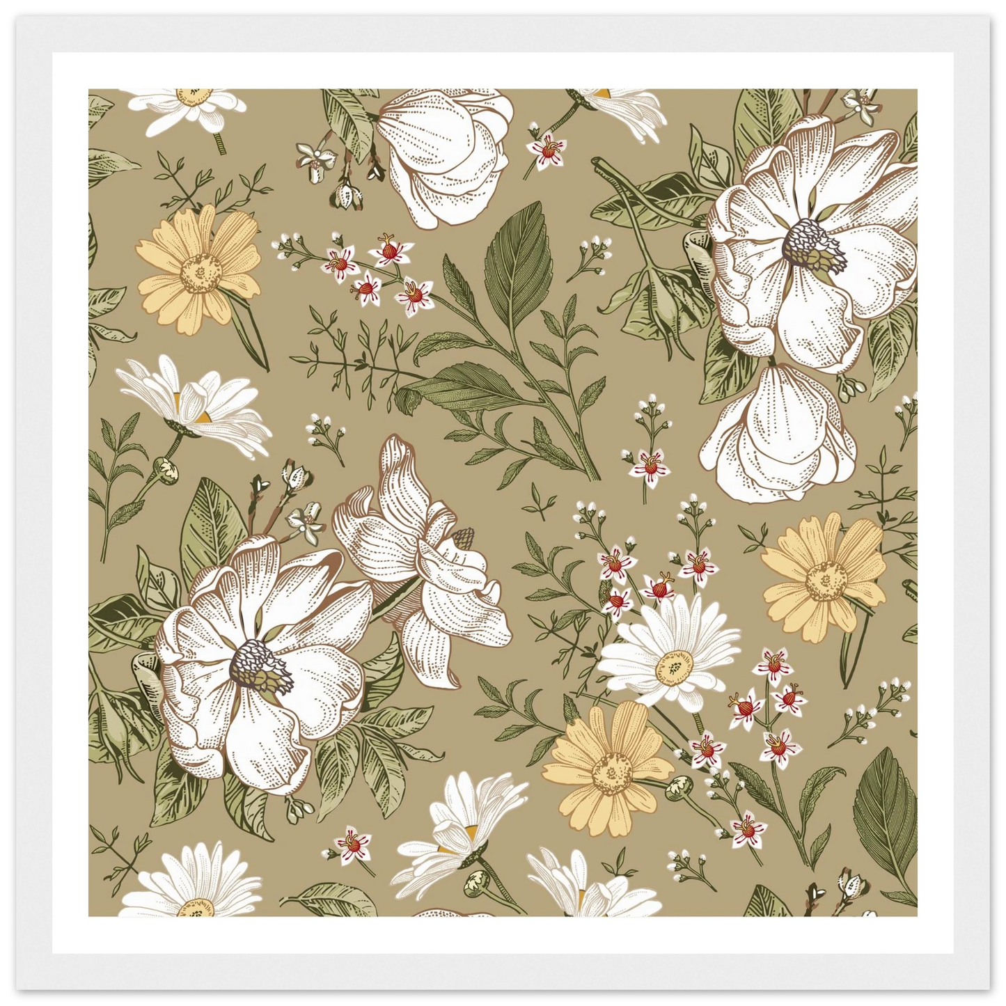 Green Sketch Meadow Art Print | William Morris Inspired - Framed Poster - 30x30 cm / 12x12″ - Black frame