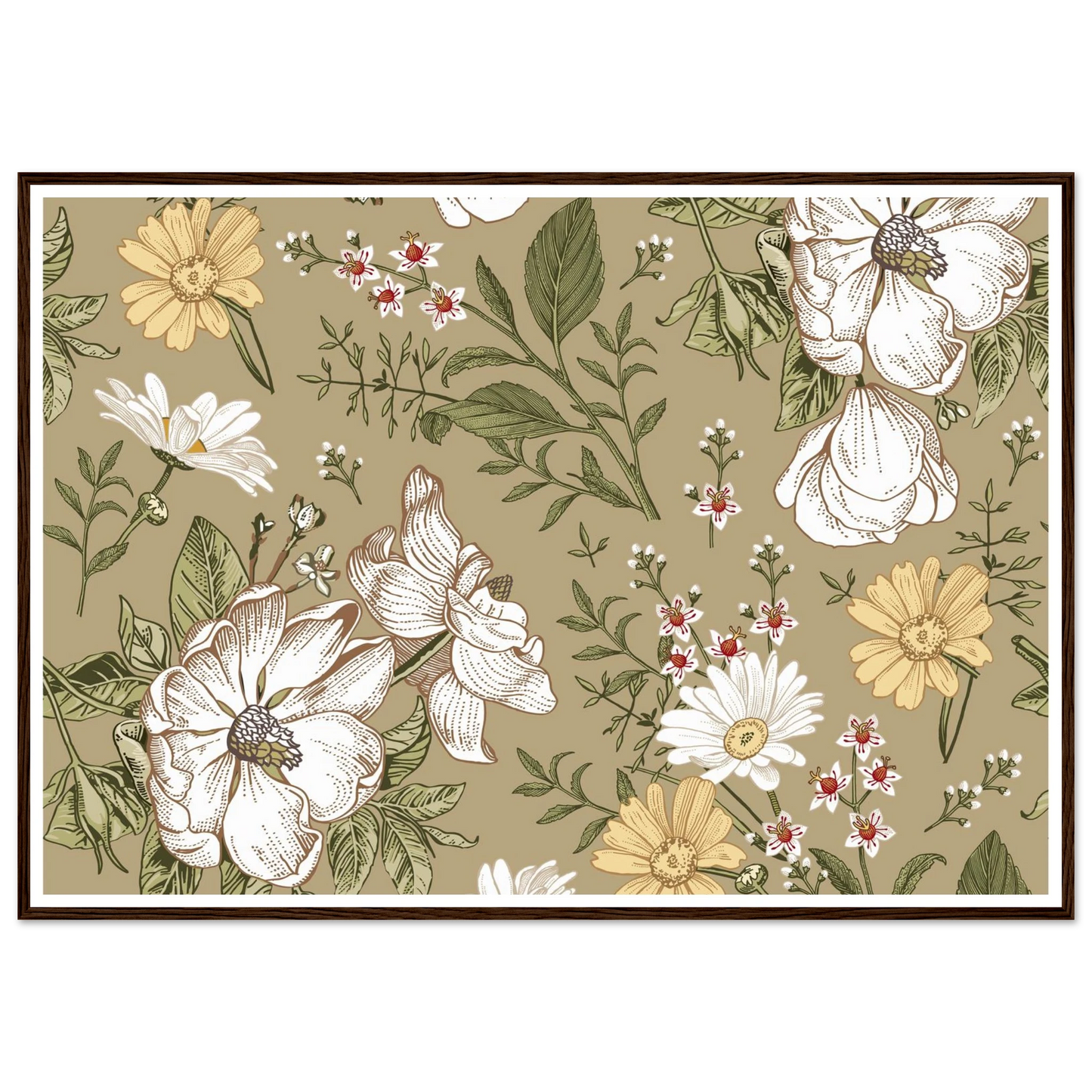 Green Sketch Meadow Art Print | William Morris Inspired - Framed Poster - 30x30 cm / 12x12″ - Black frame