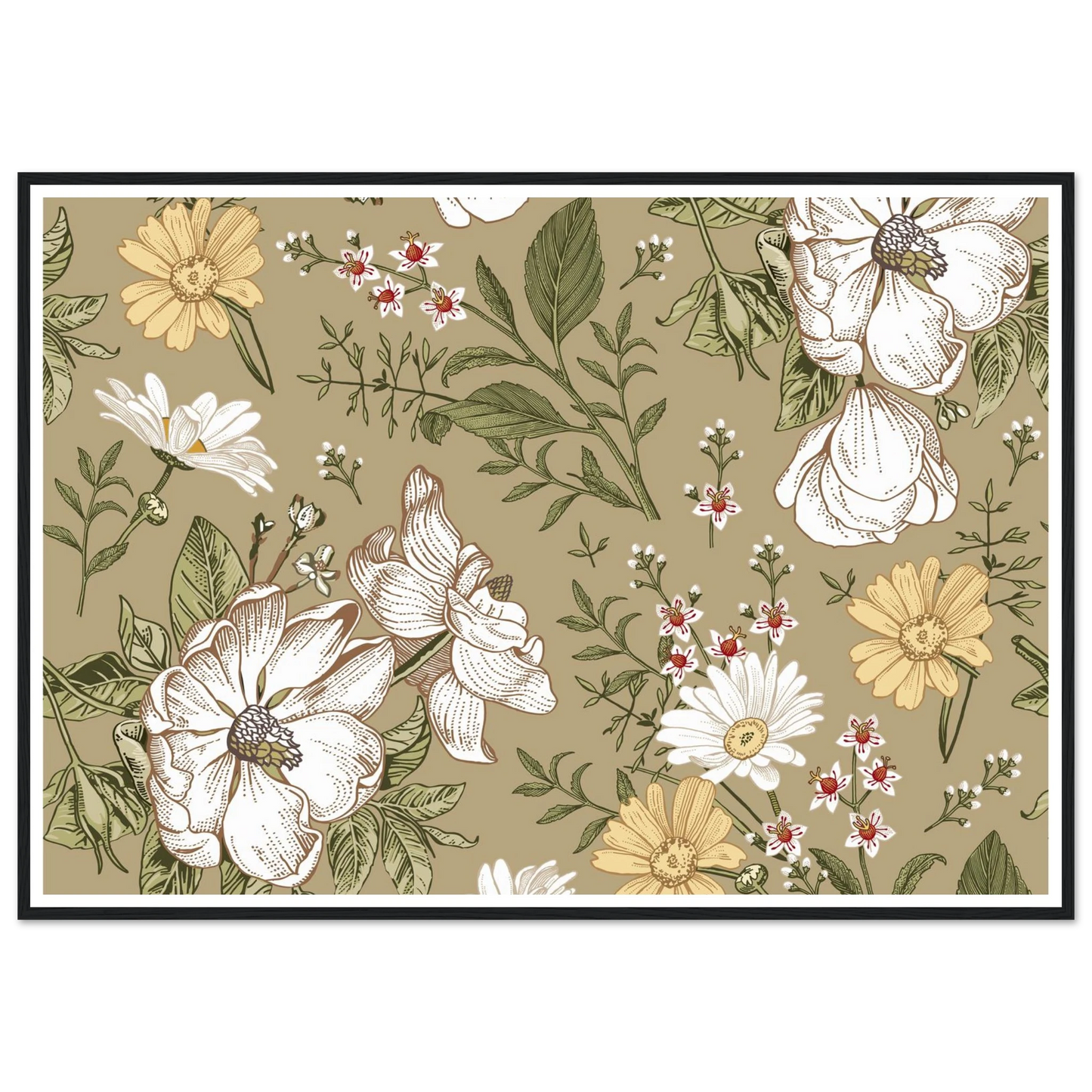 Green Sketch Meadow Art Print | William Morris Inspired - Framed Poster - 30x30 cm / 12x12″ - Black frame