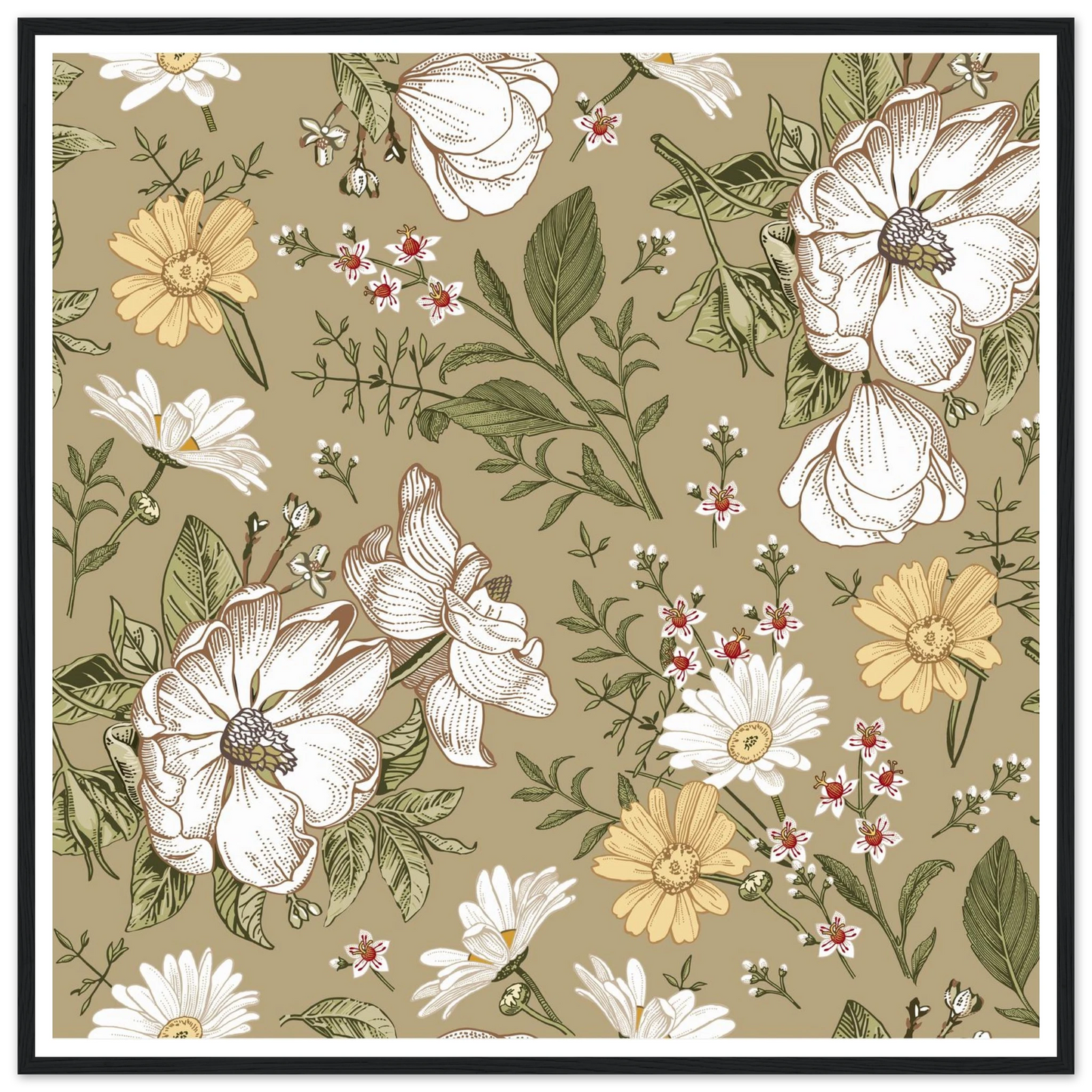 Green Sketch Meadow Art Print | William Morris Inspired - Framed Poster - 30x30 cm / 12x12″ - Black frame