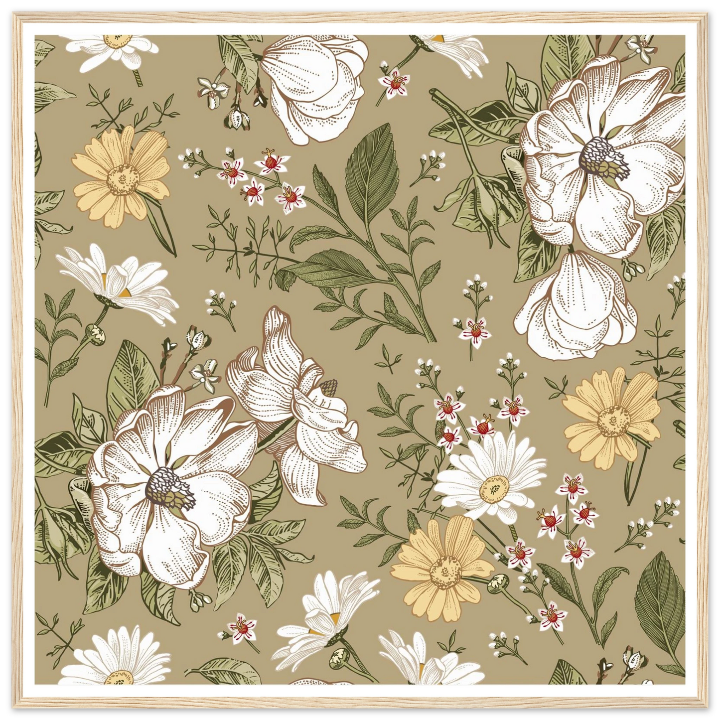 Green Sketch Meadow Art Print | William Morris Inspired - Framed Poster - 30x30 cm / 12x12″ - Black frame