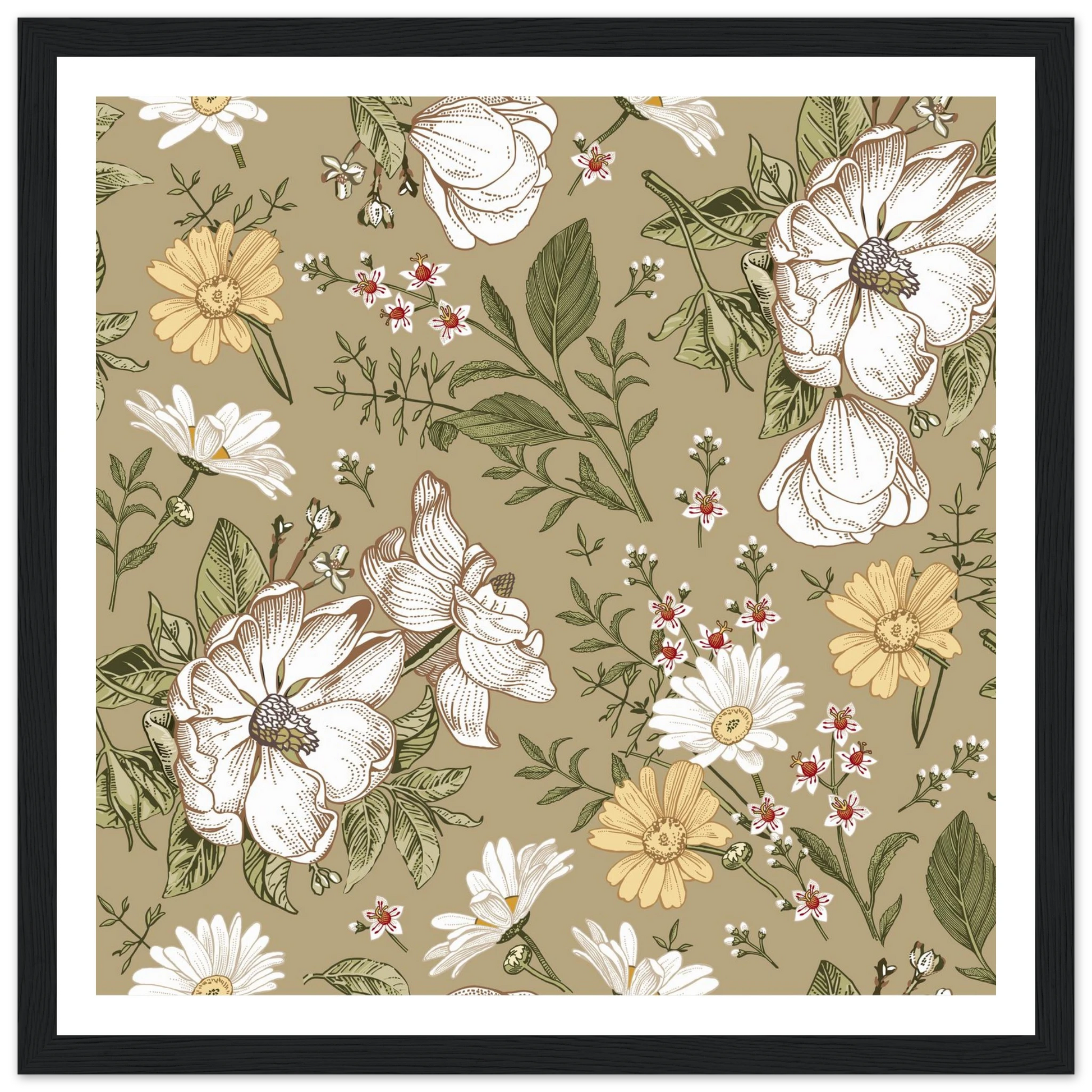 Green Sketch Meadow Art Print | William Morris Inspired - Framed Poster - 30x30 cm / 12x12″ - Black frame