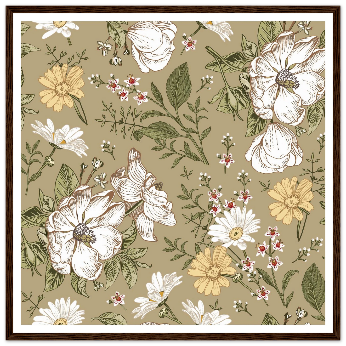 Green Sketch Meadow Art Print | William Morris Inspired - Framed Poster - 30x30 cm / 12x12″ - Black frame