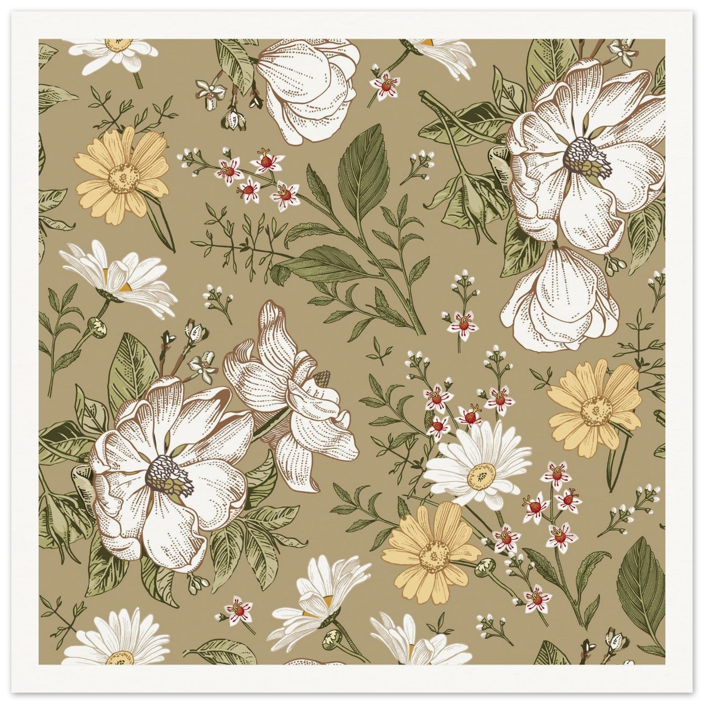 Green Sketch Meadow Art Print | William Morris Inspired - Framed Poster - 30x30 cm / 12x12″ - Black frame