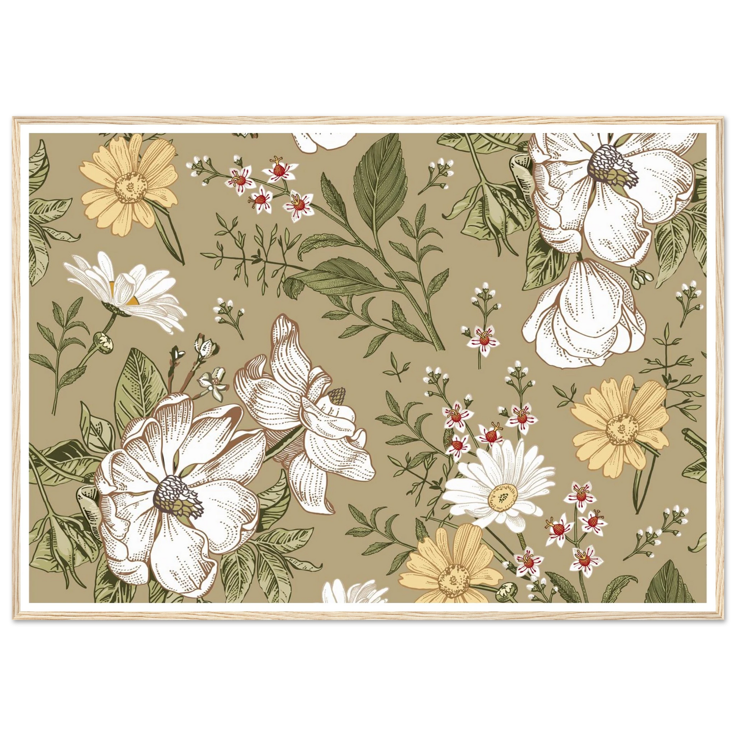 Green Sketch Meadow Art Print | William Morris Inspired - Framed Poster - 30x30 cm / 12x12″ - Black frame