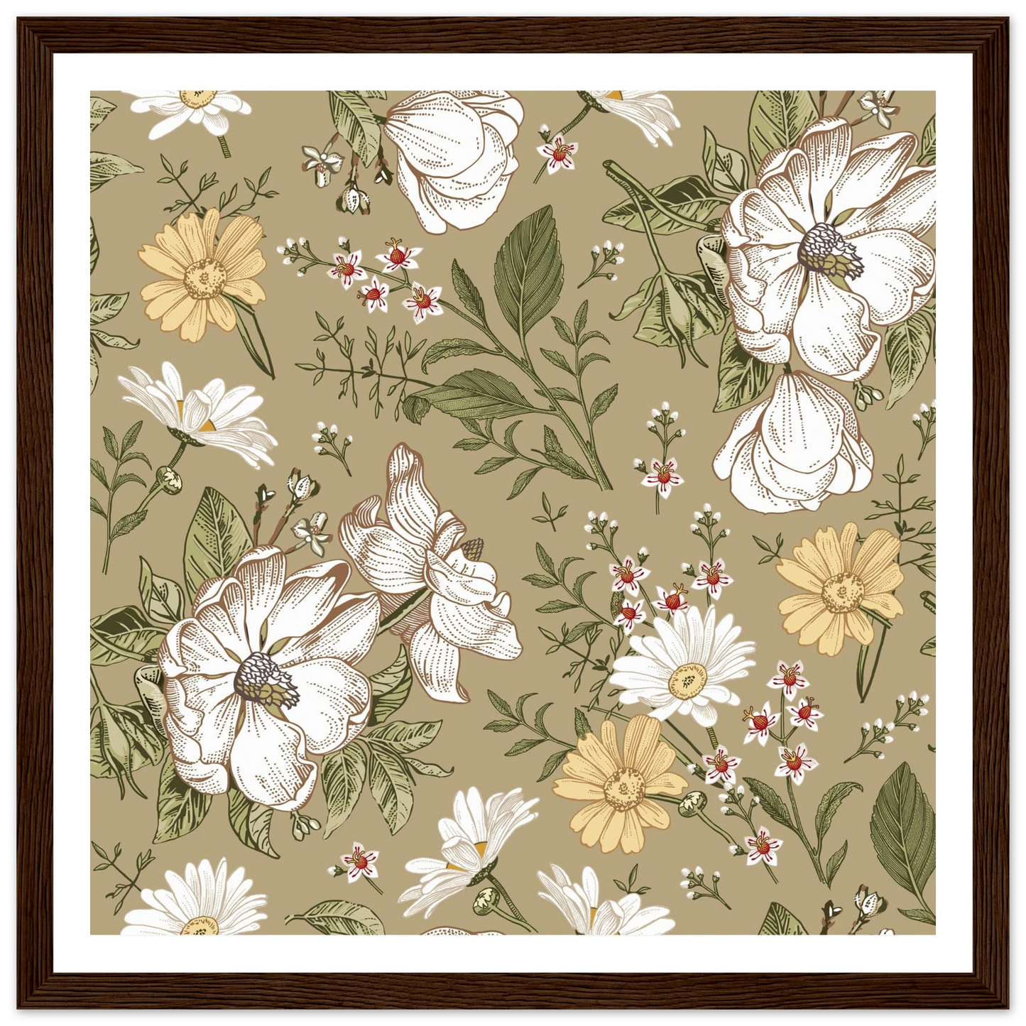 Green Sketch Meadow Art Print | William Morris Inspired - Framed Poster - 30x30 cm / 12x12″ - Black frame