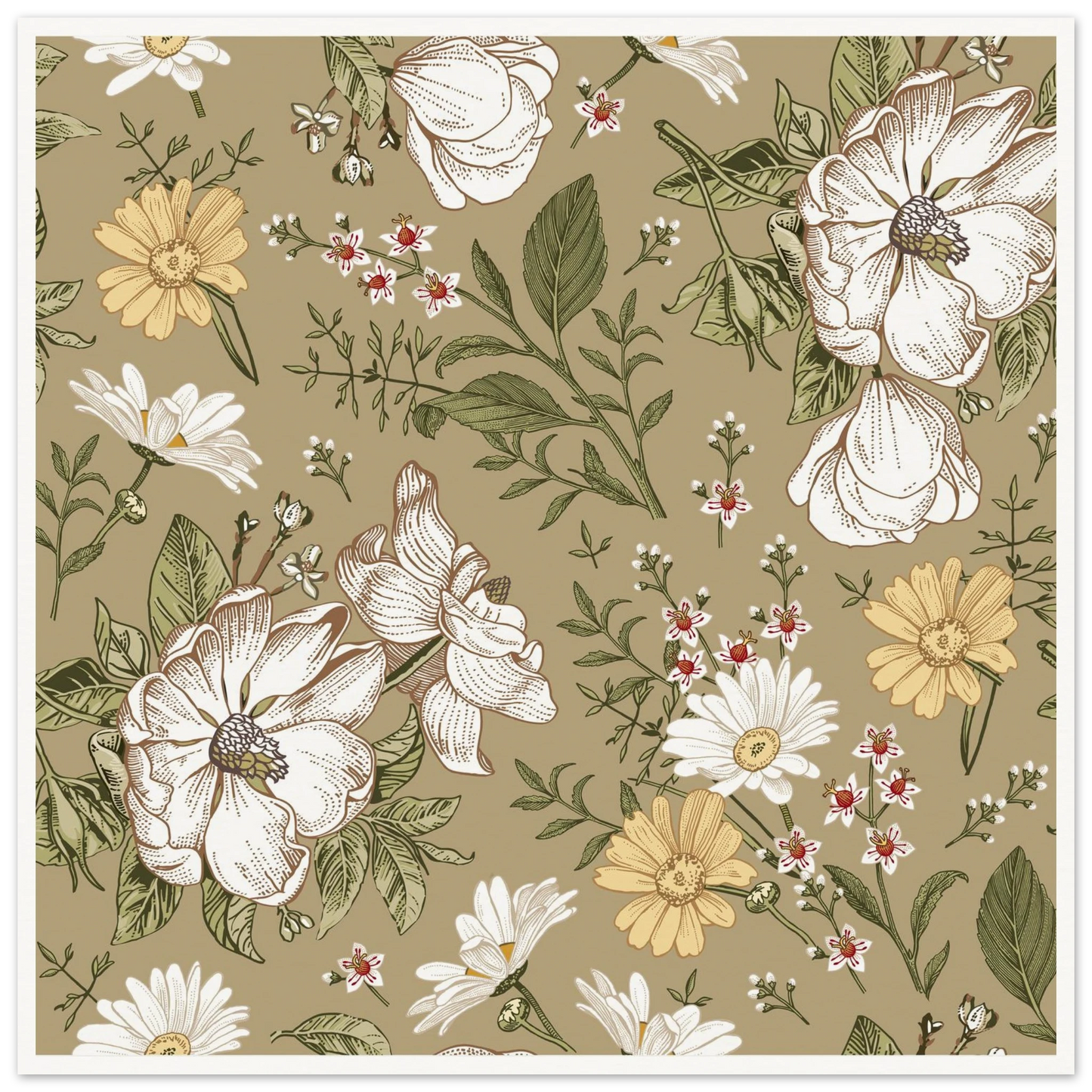 Green Sketch Meadow Art Print | William Morris Inspired - Framed Poster - 30x30 cm / 12x12″ - Black frame