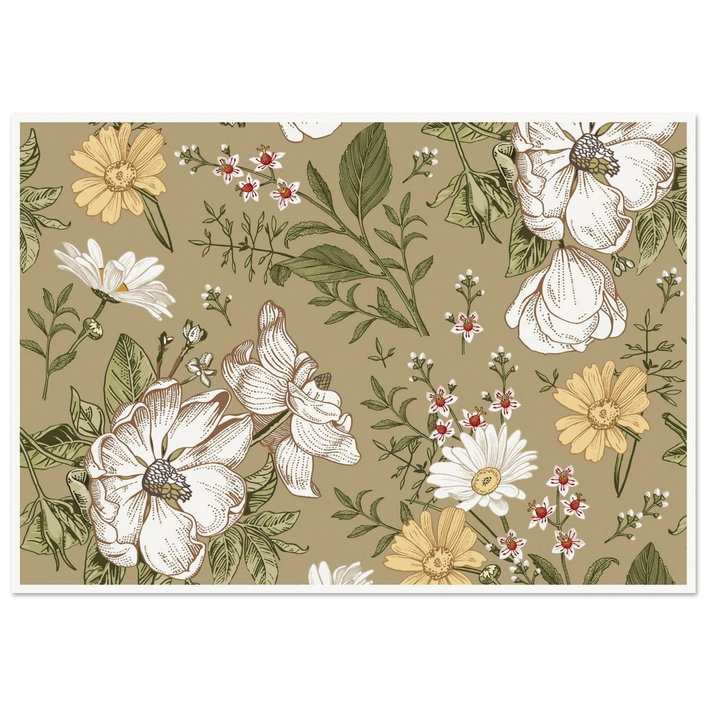 Green Sketch Meadow Art Print | William Morris Inspired - Framed Poster - 30x30 cm / 12x12″ - Black frame