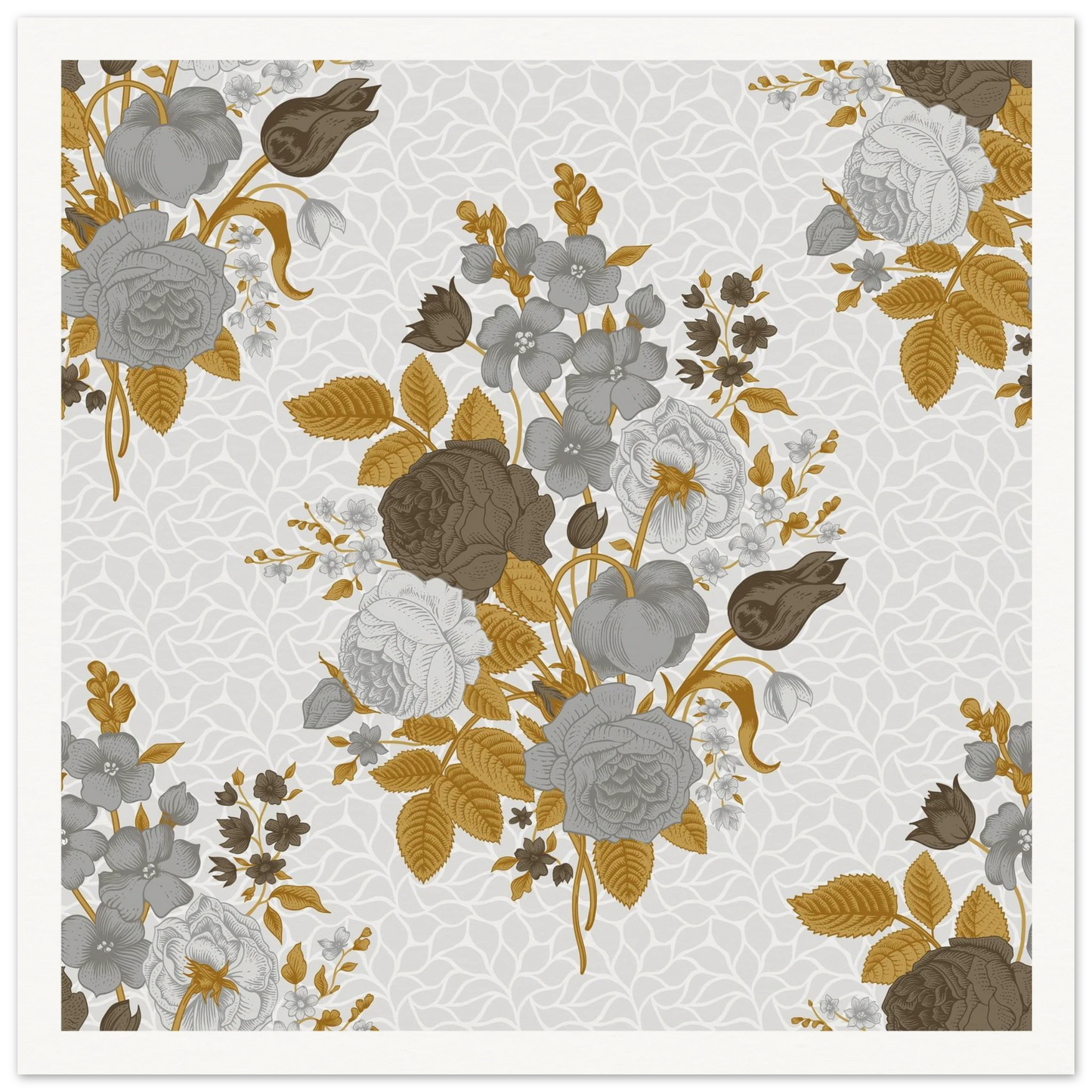 Grey & Cognac Cluster Art Print | William Morris Inspired - Framed Poster - 30x30 cm / 12x12″ - Black frame