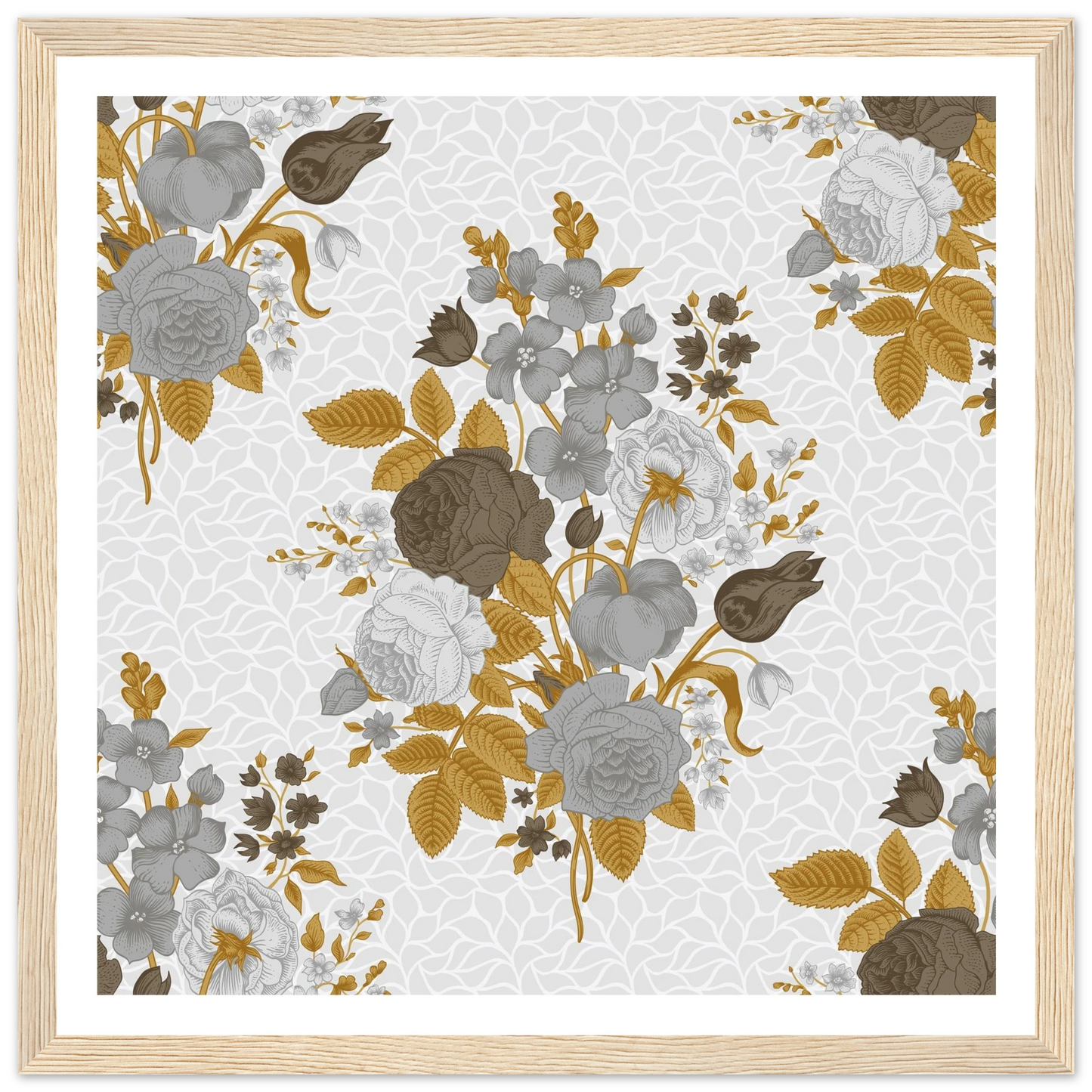Grey & Cognac Cluster Art Print | William Morris Inspired - Framed Poster - 30x30 cm / 12x12″ - Black frame
