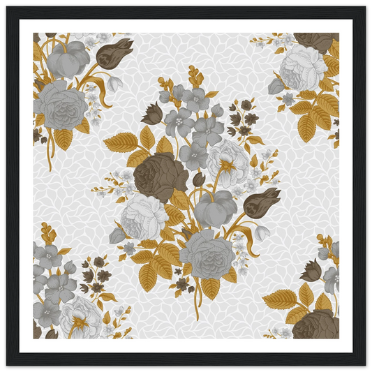 Grey & Cognac Cluster Art Print | William Morris Inspired - Framed Poster - 30x30 cm / 12x12″ - Black frame