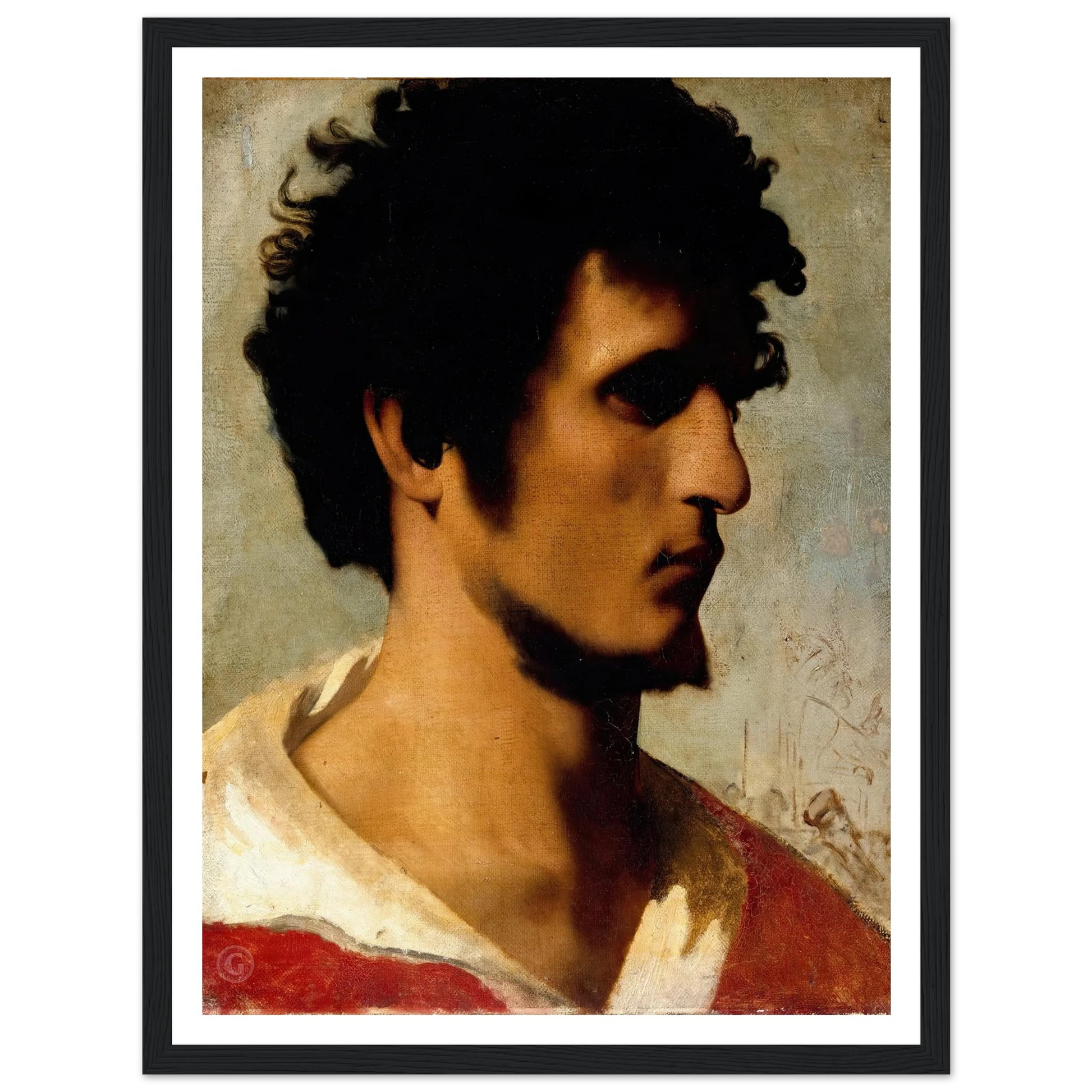 Head of a Peasant from the Roman Countryside (1844) Art Print | Jean Leon Gerome - Framed Poster - 30x40 cm / 12x16″ - Black frame