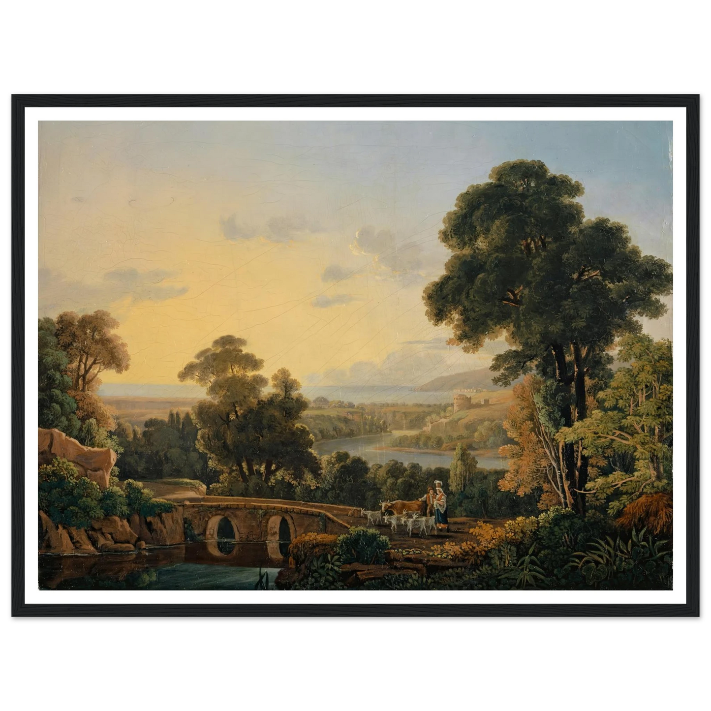 Hilly Landscape with River and Bridge Art Print | Peter Birmann - Framed Poster - 30x40 cm / 12x16″ - Black frame