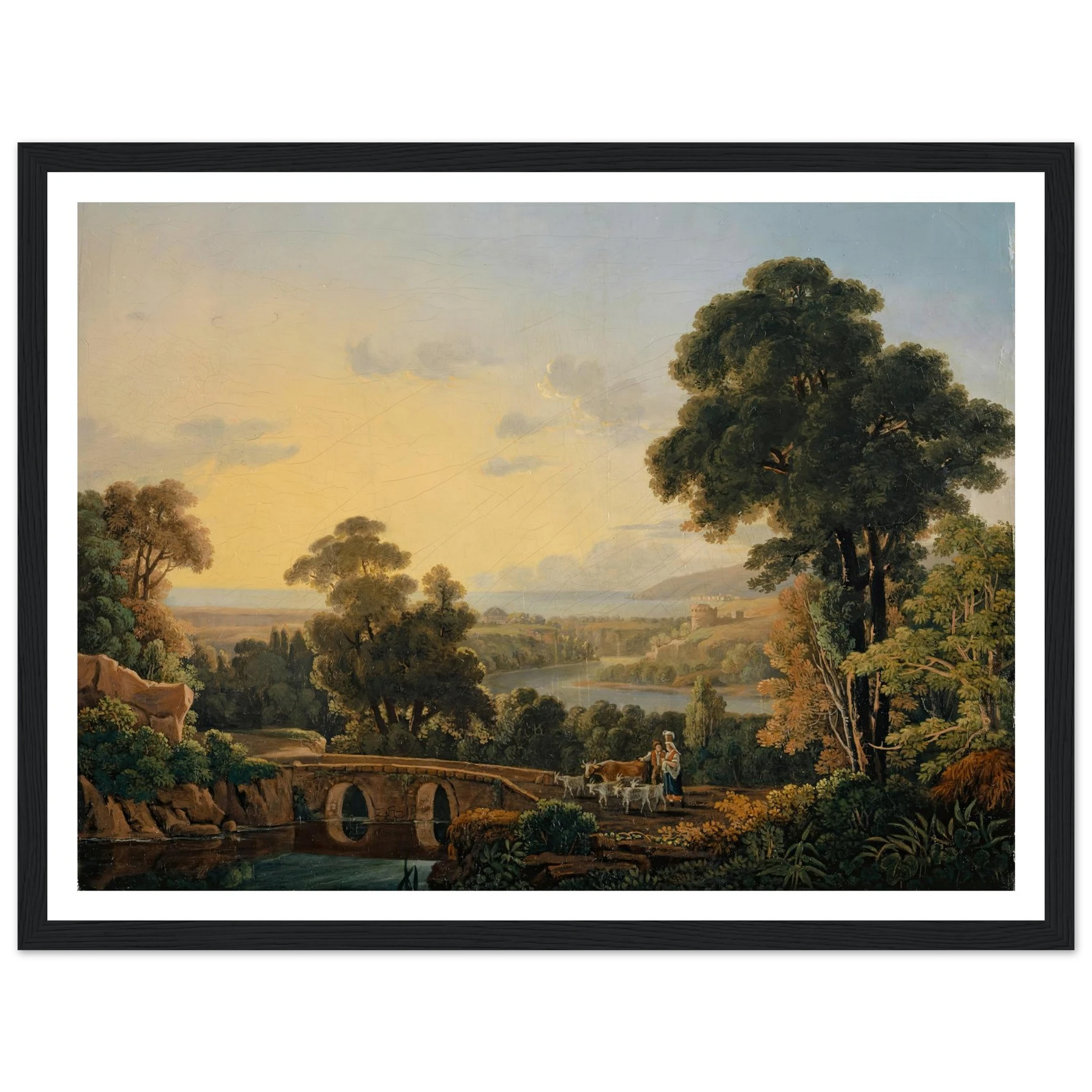 Hilly Landscape with River and Bridge Art Print | Peter Birmann - Framed Poster - 30x40 cm / 12x16″ - Black frame