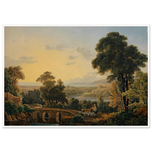 Hilly Landscape with River and Bridge Art Print | Peter Birmann - Framed Poster - 30x40 cm / 12x16″ - Black frame