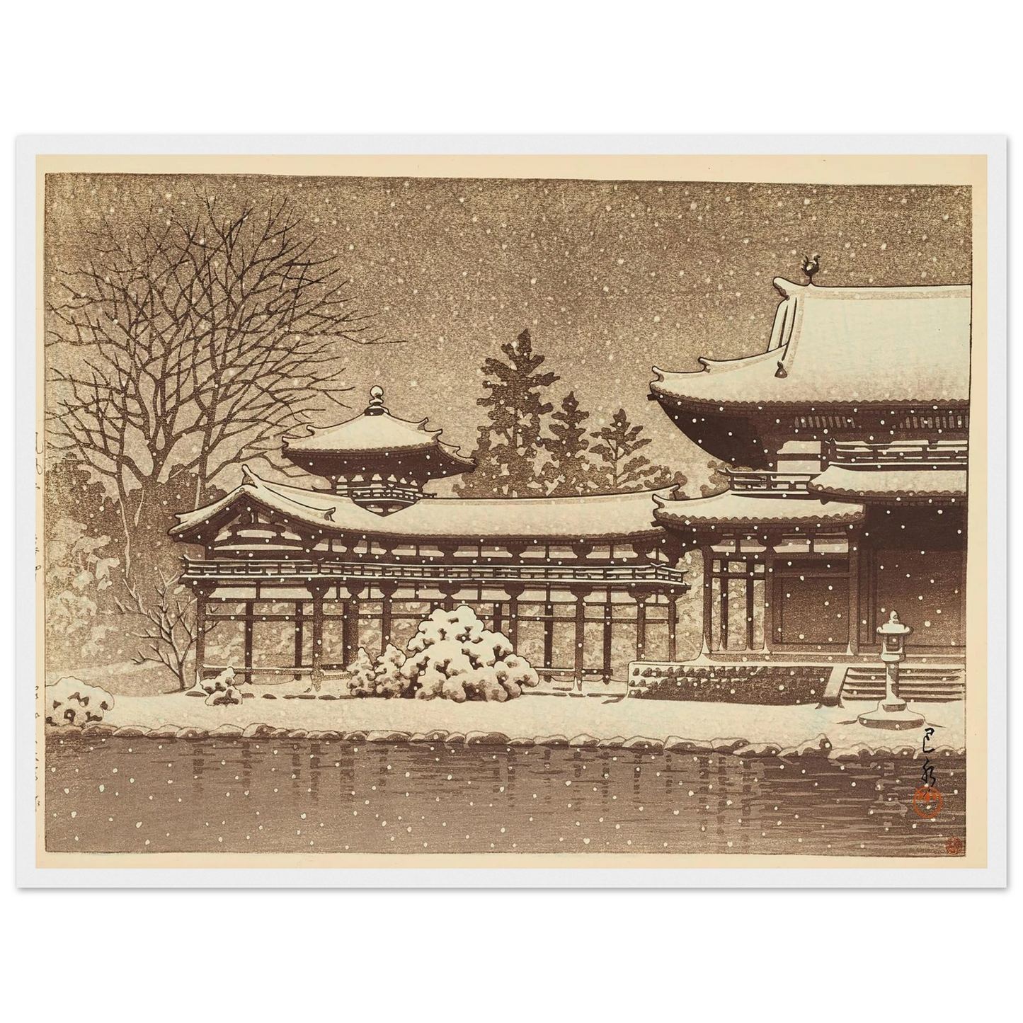 Hoodo no bosetsu (Evening snow at Phoenix Hall) (1951) Art Print | Kawase Hasui - Framed Poster - 30x40 cm / 12x16″ - Black frame
