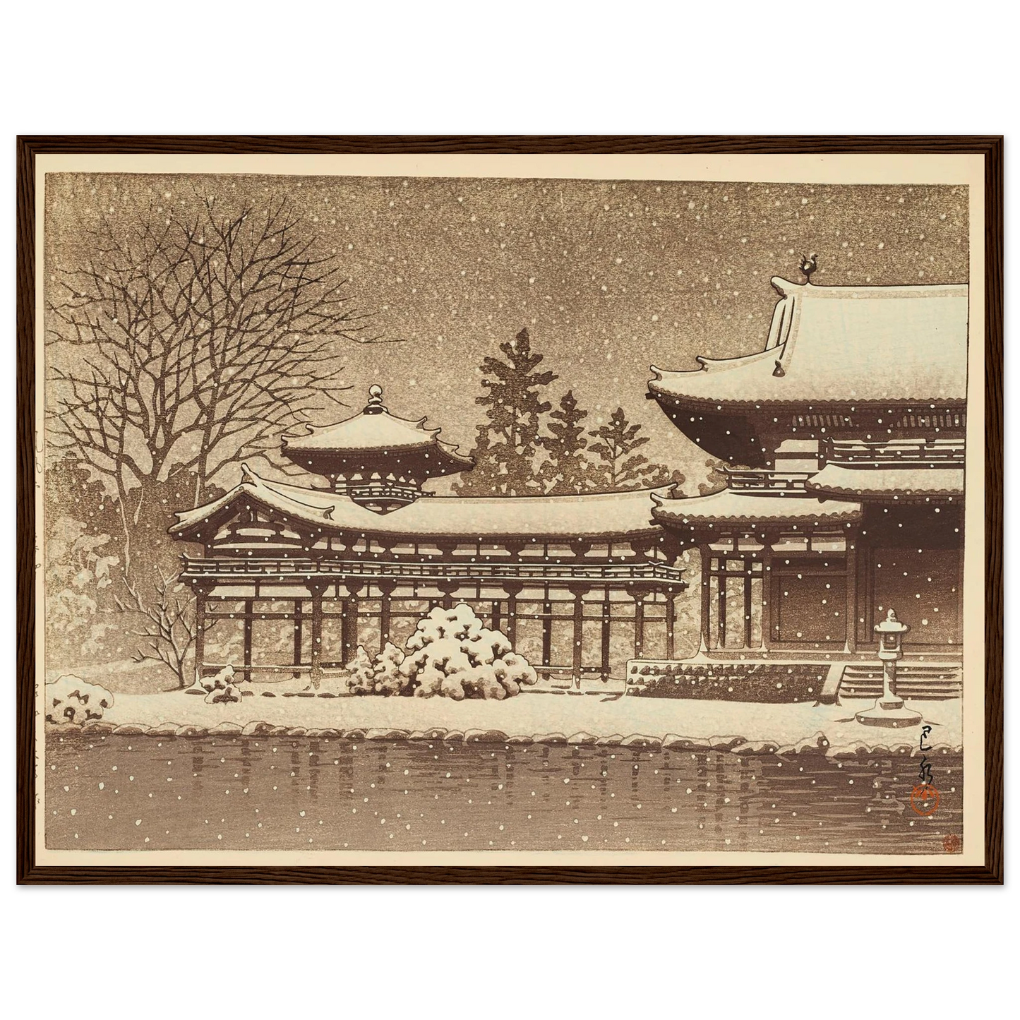 Hoodo no bosetsu (Evening snow at Phoenix Hall) (1951) Art Print | Kawase Hasui - Framed Poster - 30x40 cm / 12x16″ - Black frame