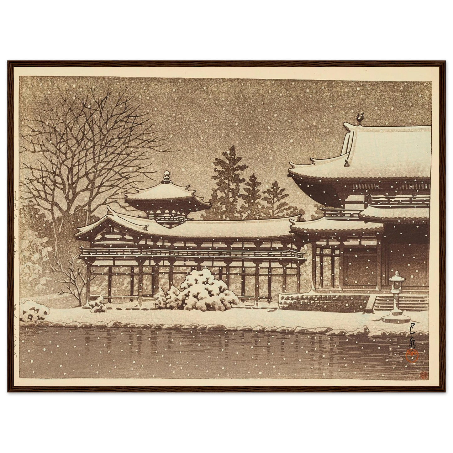 Hoodo no bosetsu (Evening snow at Phoenix Hall) (1951) Art Print | Kawase Hasui - Framed Poster - 30x40 cm / 12x16″ - Black frame