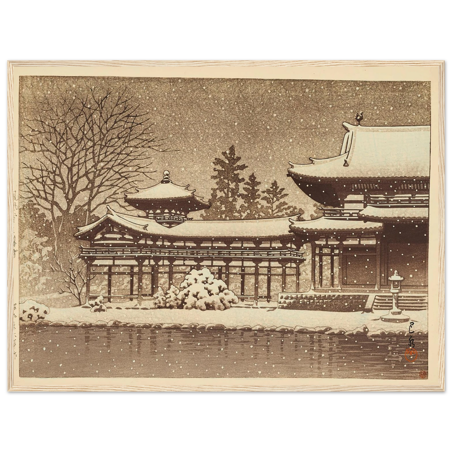 Hoodo no bosetsu (Evening snow at Phoenix Hall) (1951) Art Print | Kawase Hasui - Framed Poster - 30x40 cm / 12x16″ - Black frame