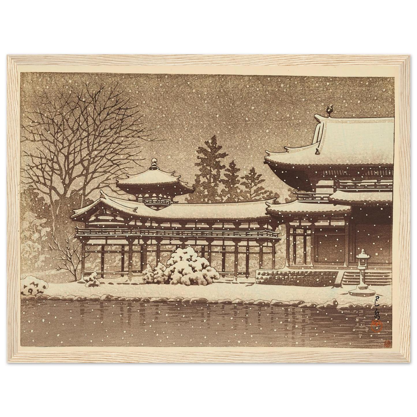 Hoodo no bosetsu (Evening snow at Phoenix Hall) (1951) Art Print | Kawase Hasui - Framed Poster - 30x40 cm / 12x16″ - Black frame
