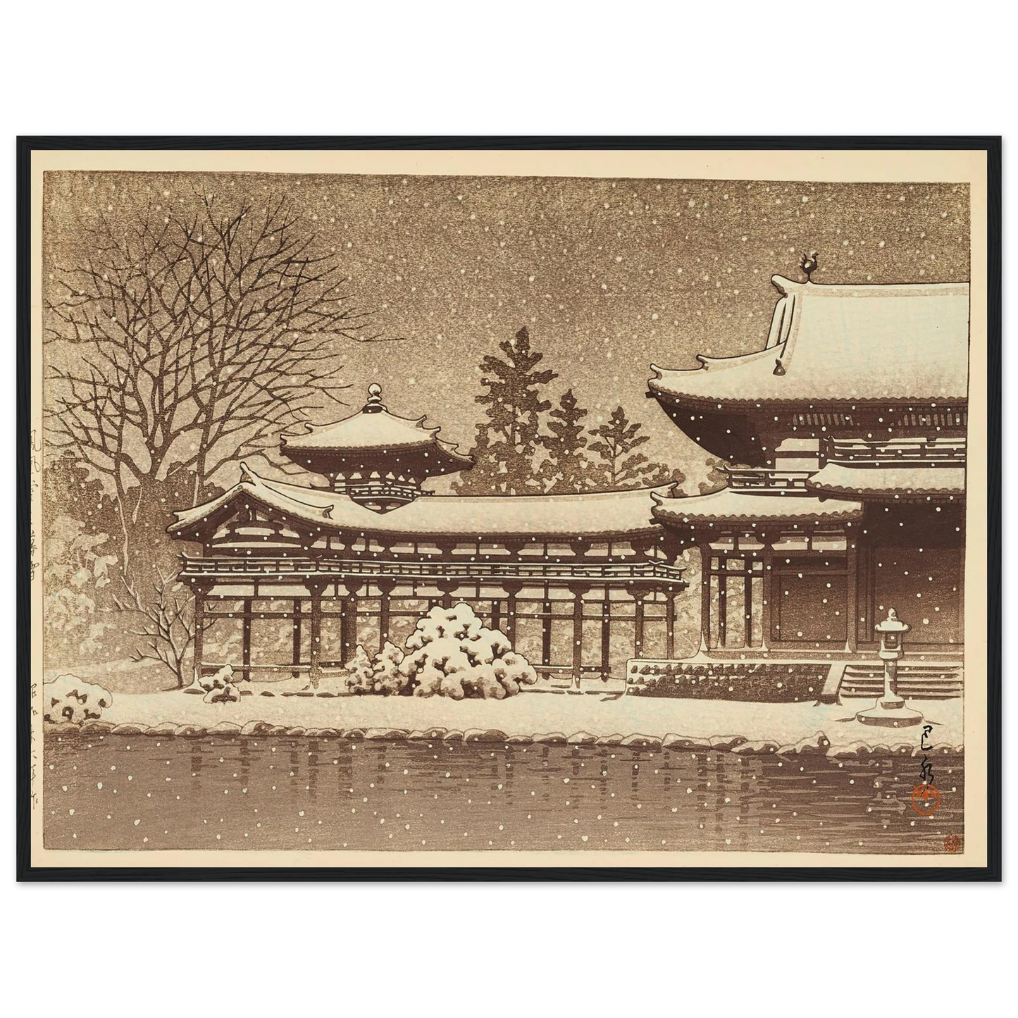 Hoodo no bosetsu (Evening snow at Phoenix Hall) (1951) Art Print | Kawase Hasui - Framed Poster - 30x40 cm / 12x16″ - Black frame