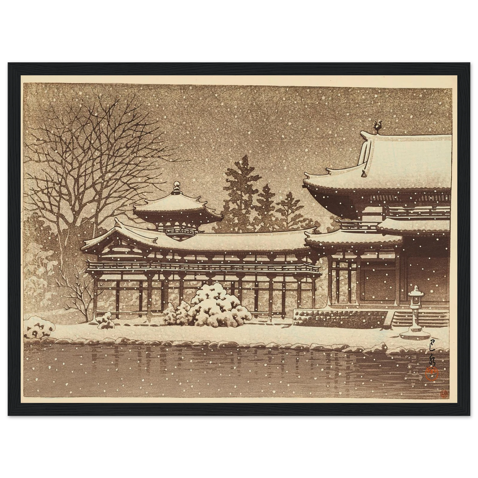 Hoodo no bosetsu (Evening snow at Phoenix Hall) (1951) Art Print | Kawase Hasui - Framed Poster - 30x40 cm / 12x16″ - Black frame